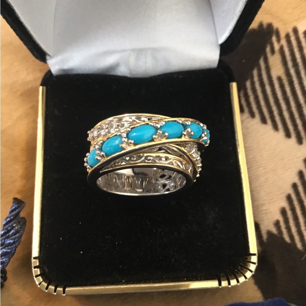 NEW GEMS EN VOGUE 925/Palladium 18K Gold Embrace Turquoise Gemstone Highway Ring